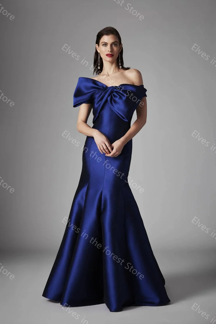 Off Shoulder Royal Blue Bow Satin Mermaid Dress