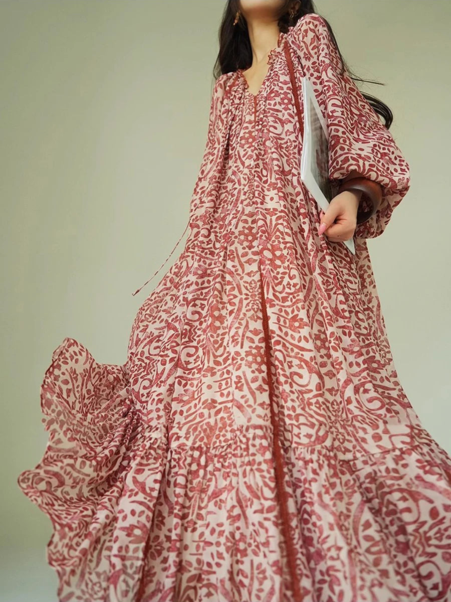 Loose Printing Spliced Belt Casual Dresses