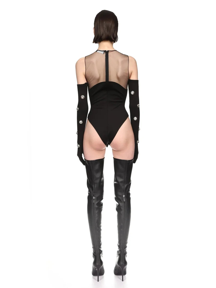 Solid Spliced Mesh Slimming Jumpsuit