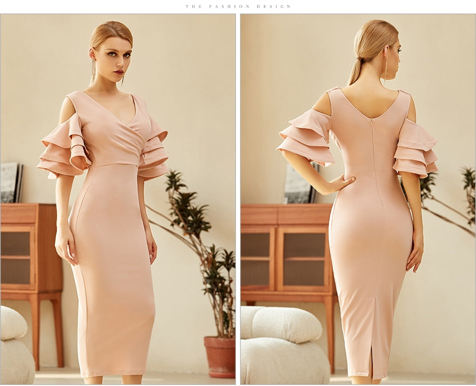 Butterfly Sleeve Off Shoulder V-Neck Dress