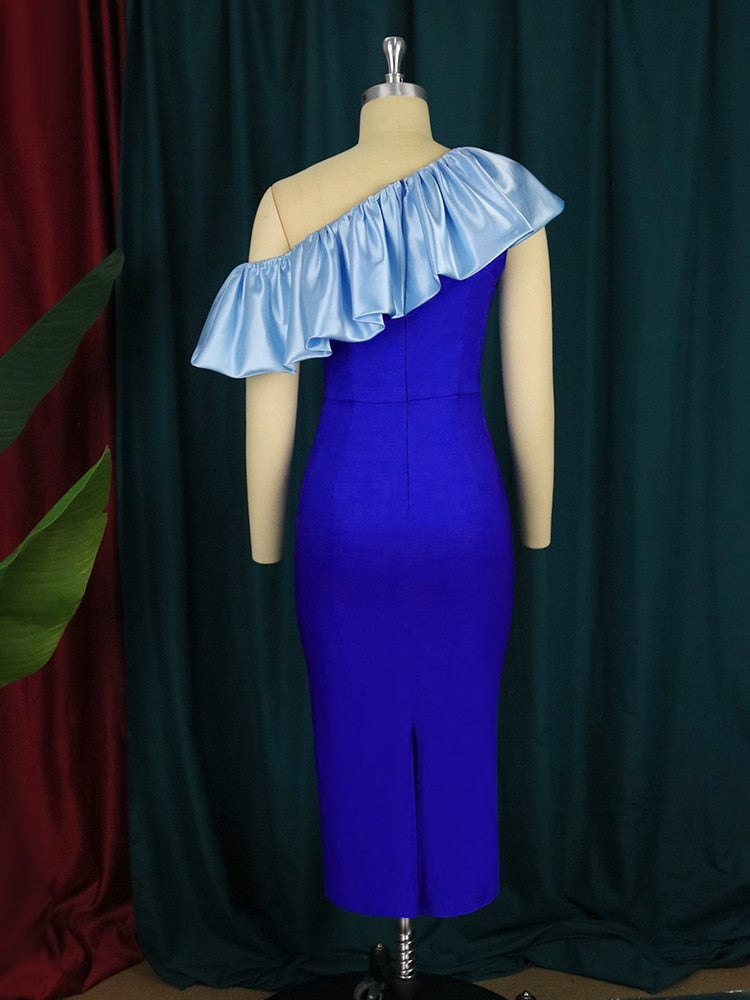 Blue Cold Shoulder Ruffles Dress