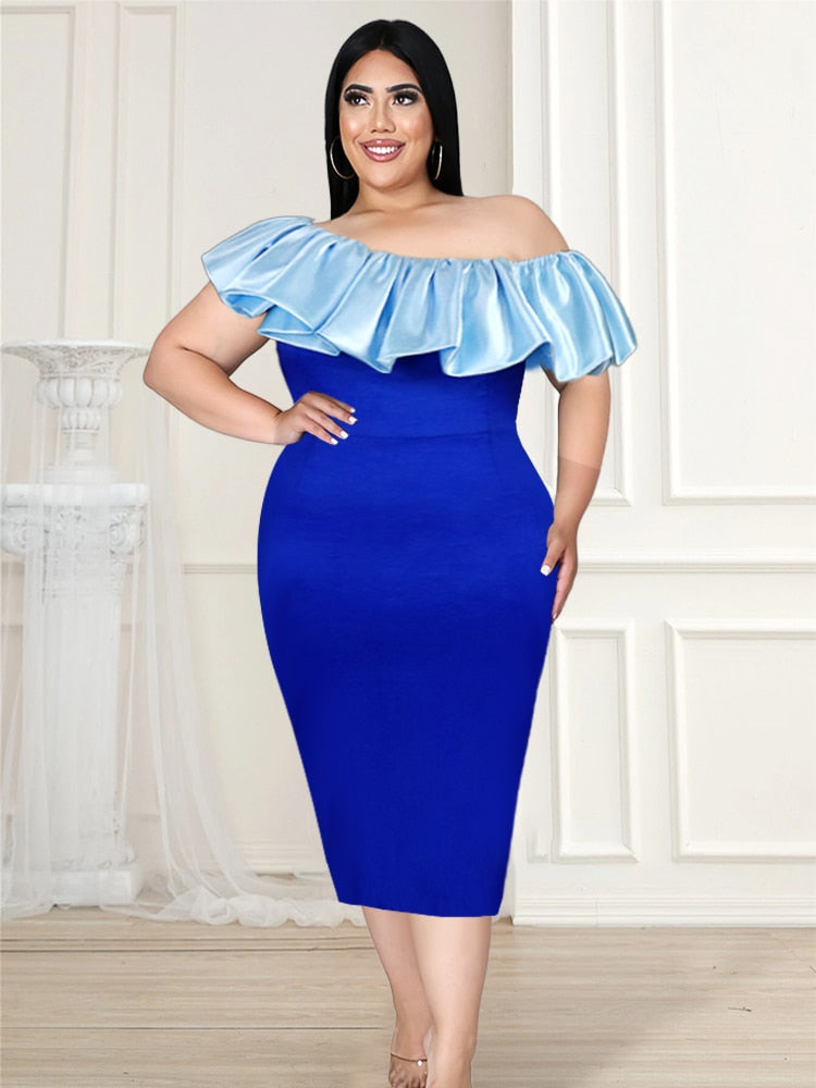Blue Cold Shoulder Ruffles Dress