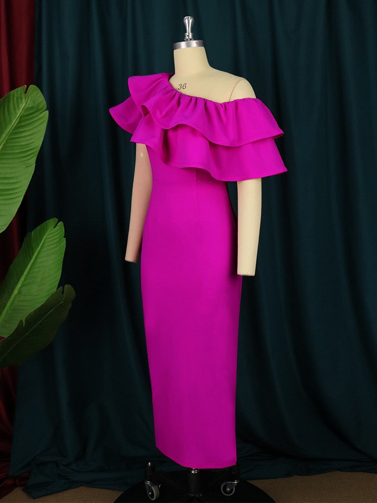Fuchsia Ruffles Cold Shoulder Dresses