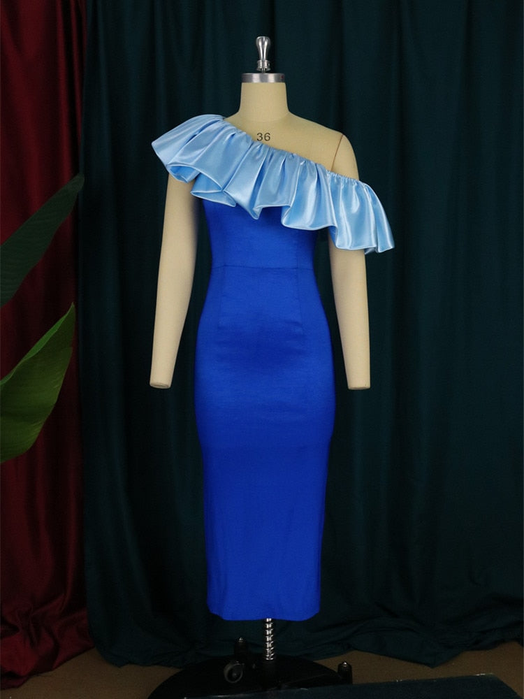 Blue Cold Shoulder Ruffles Dress