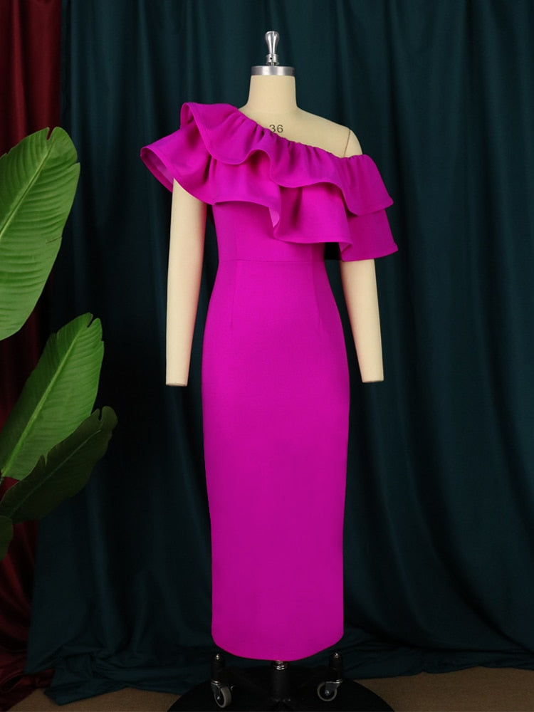 Fuchsia Ruffles Cold Shoulder Dresses