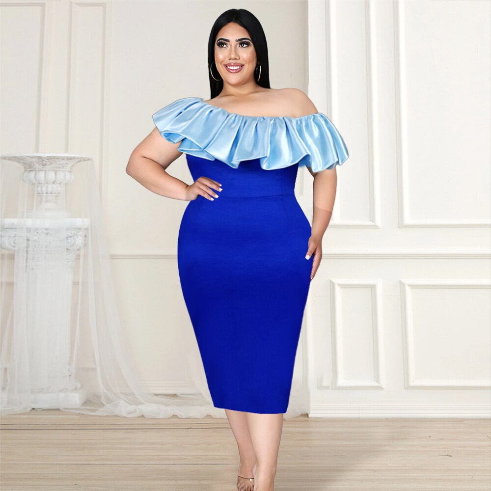 Blue Cold Shoulder Ruffles Dress