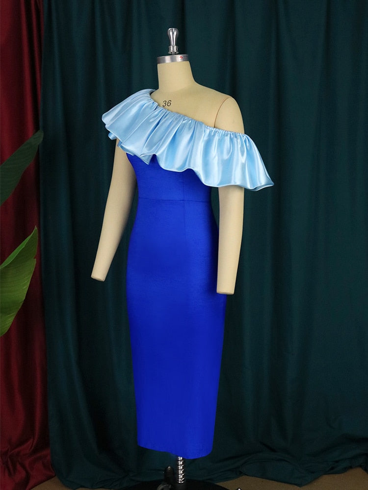 Blue Cold Shoulder Ruffles Dress
