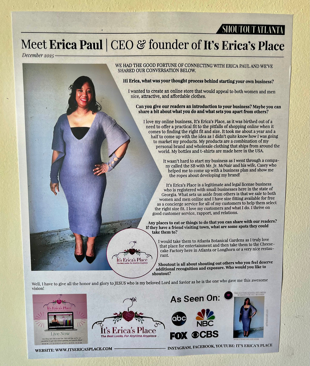 Look 👀! It’s Erica’s Place is featured in Shoutout Atlanta Magazine.