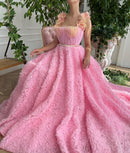 Light Pink Tulle Prom Dress with Flowers