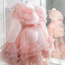 Soft Tulle Maternity Robes Long Sleeves With Bow Waistband Long Length See Thru Ruffles Pleated Pregnany Dresses