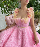 Light Pink Tulle Prom Dress with Flowers