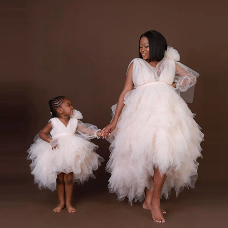 Puffy Mom And Me Beige Tulle Dresses