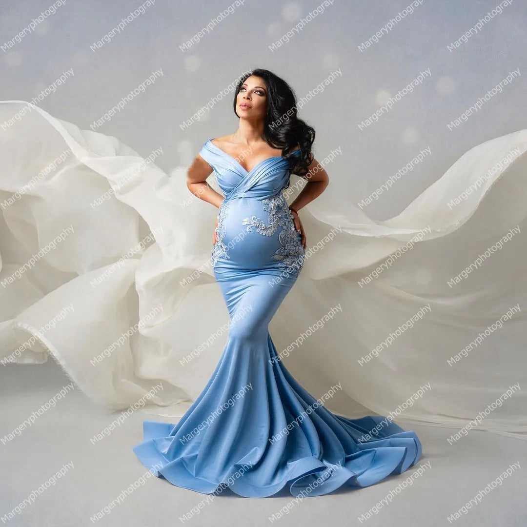 Charming Blue Mermaid Pregnancy Dresses For   Photo Shoot Cap Sleeves Lace Bridal Maternity   Gowns Custom Made