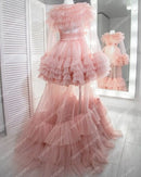 Soft Tulle Maternity Robes Long Sleeves With Bow Waistband Long Length See Thru Ruffles Pleated Pregnany Dresses