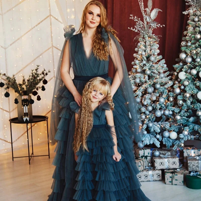 Mother And Daughter Tulle Ruffles Puffy Prom Dress