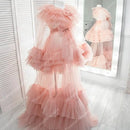 Soft Tulle Maternity Robes Long Sleeves With Bow Waistband Long Length See Thru Ruffles Pleated Pregnany Dresses