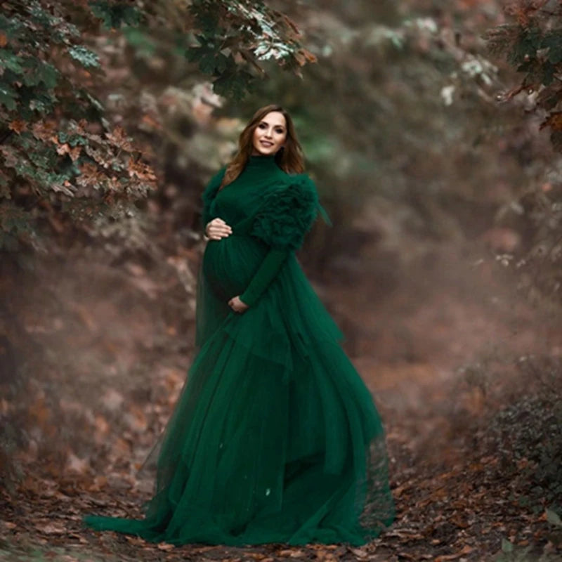 Dark Green Tiered Tulle Maternity Dress