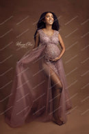 Crystals Maternity V-Neck Sleeves Tulle Sheer See Through Dress