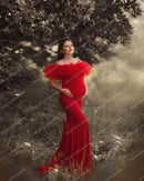 Red Tulle Ruffles Maternity Dress