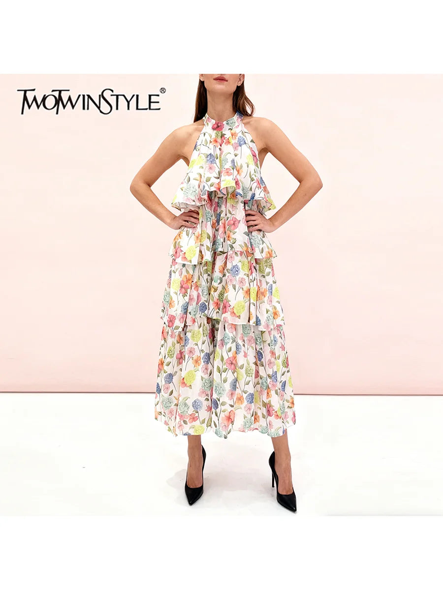 Printed Loose Spliced Ruffles Dresses