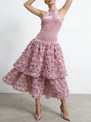 Pink Loose Spliced 3D Flower Chic Dresses
