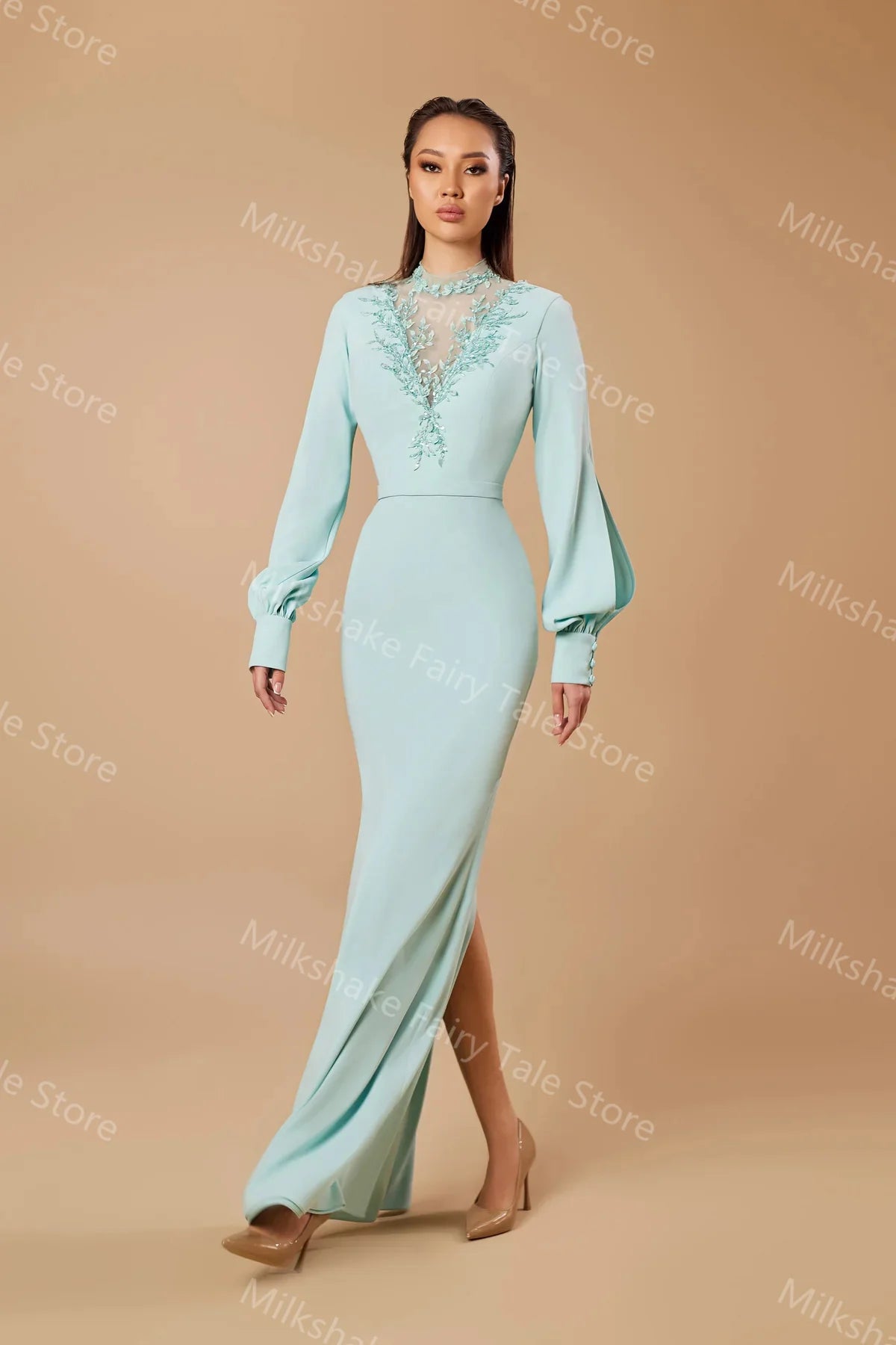 Mermaid High Neck Lace Beads Dress