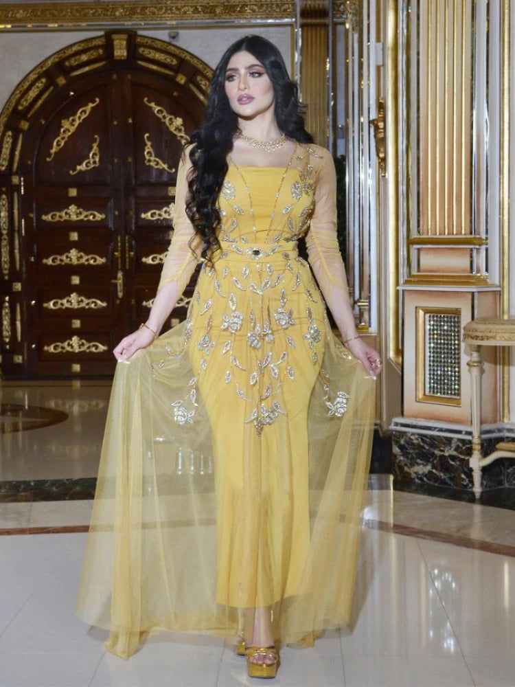 Yellow Rhinestone Chiffon Dress