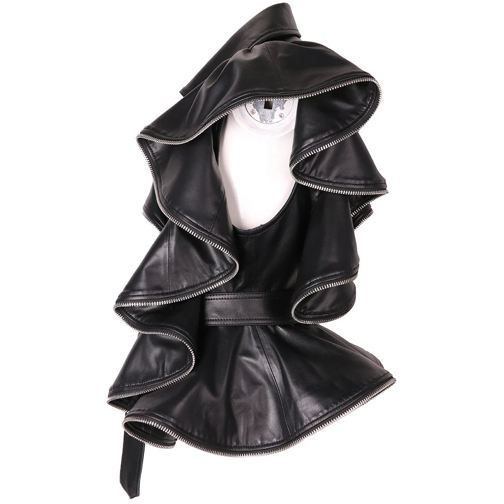 Ruffles Pleated Black Leather Vest