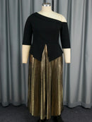 Women Black Top And Gold Long Pleated Skirt Sets Off Shoulder Split Shirt High Waist  A-Line Skirts Two Pieces Set Plus Size 4XL