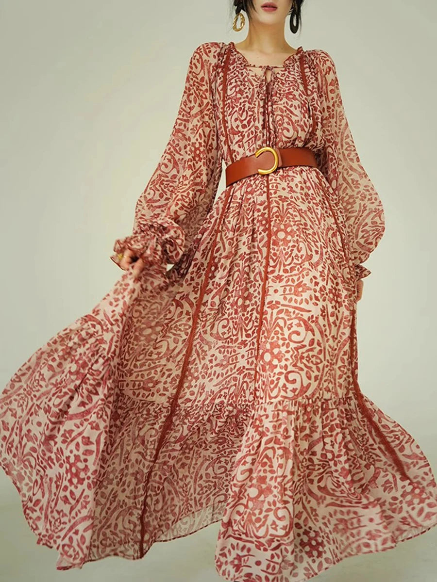 Loose Printing Spliced Belt Casual Dresses