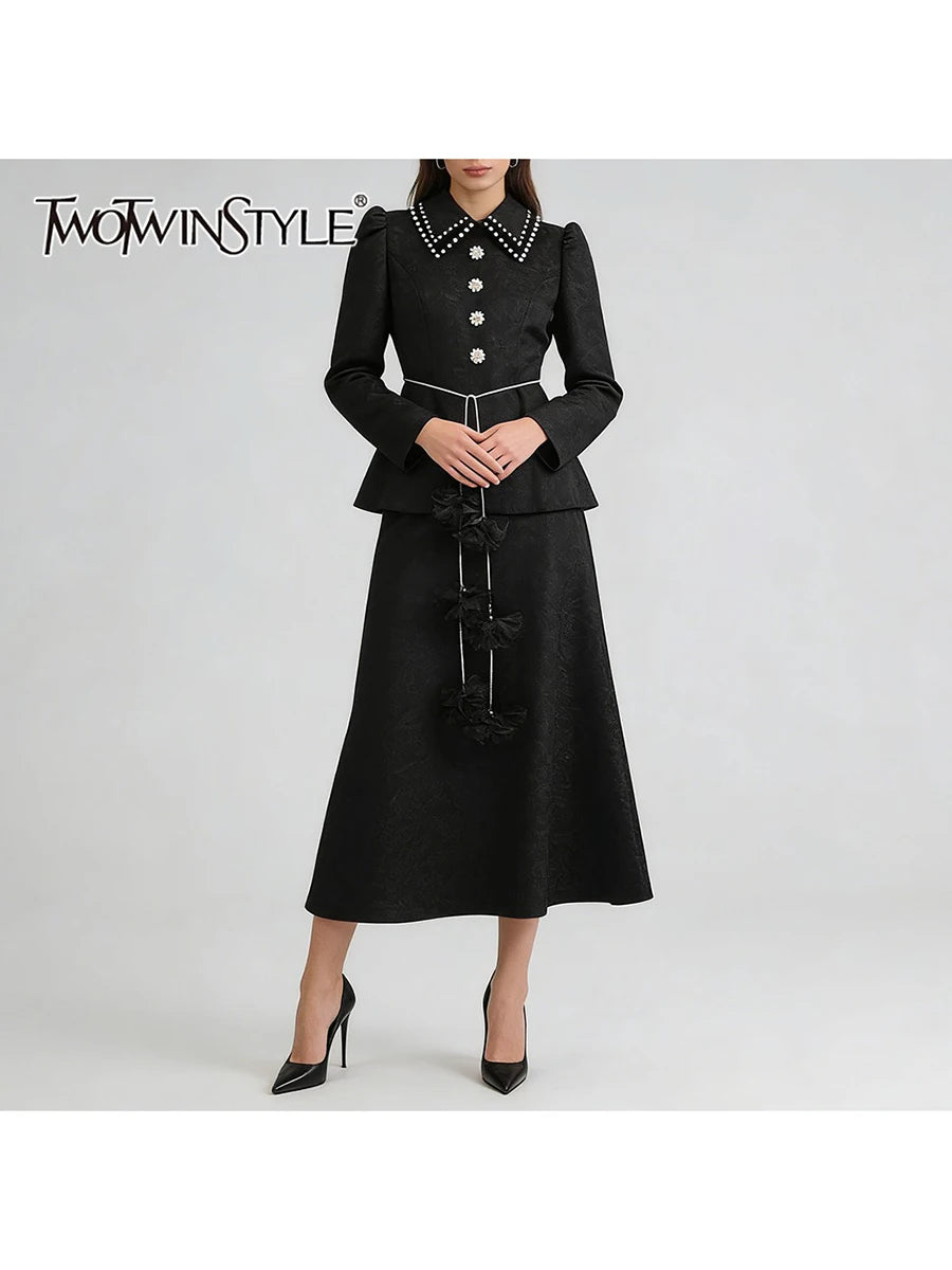 Black Printing Spliced Lace Two Piece Sets