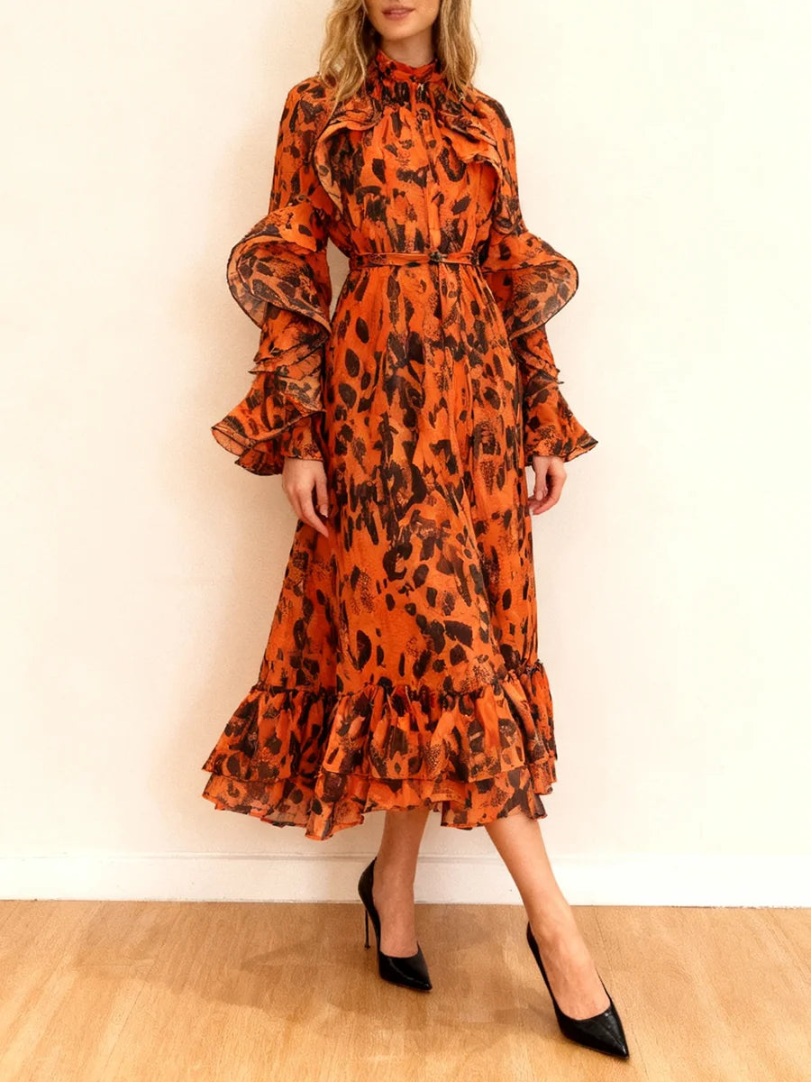 Leopard Spliced Ruffles Folds Dresses