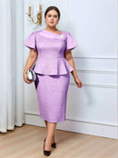 Plus Size Rose Jacquard Puff Sleeve Dress