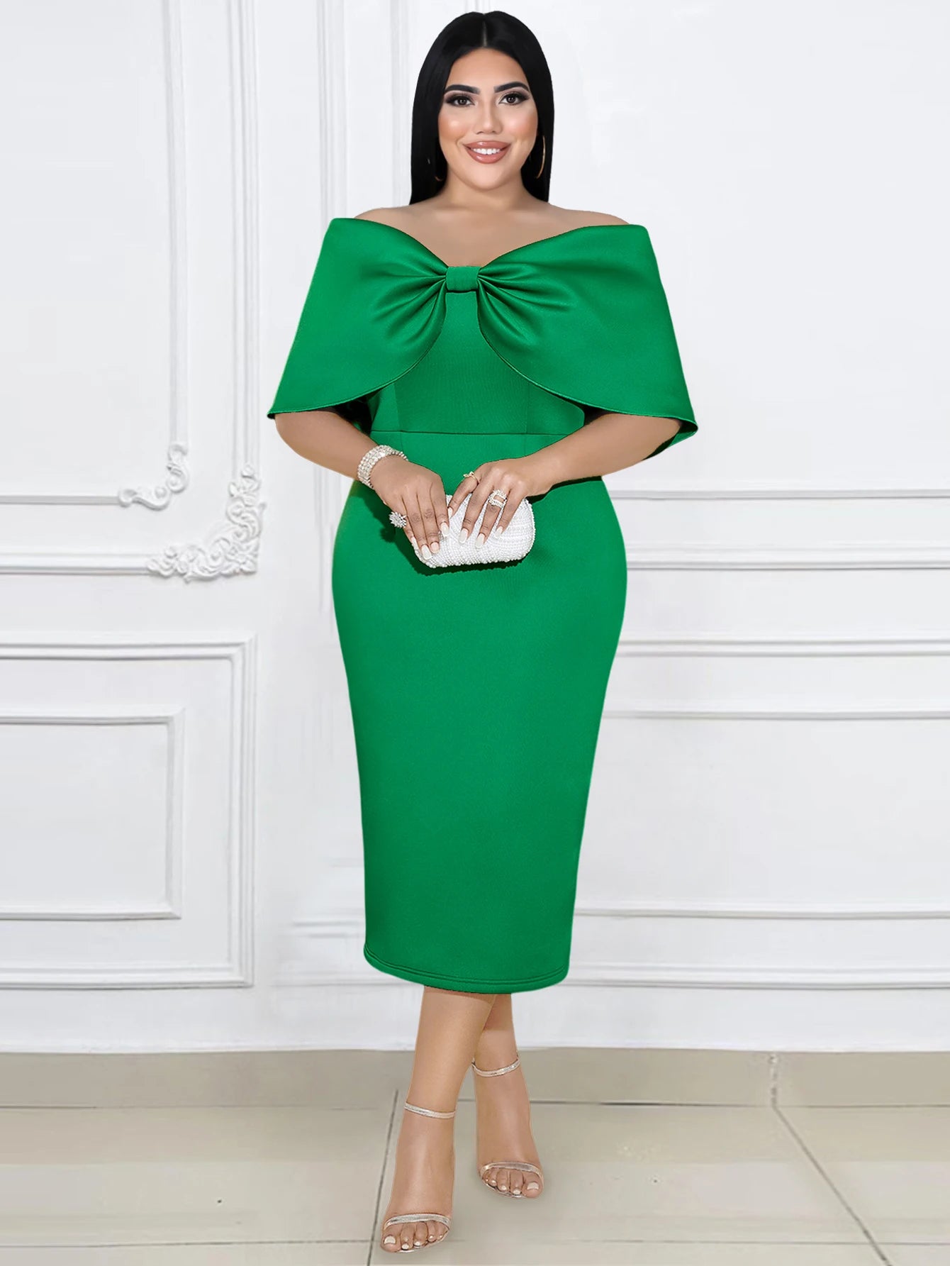 Green Cape Off Shoulder Bow Dress