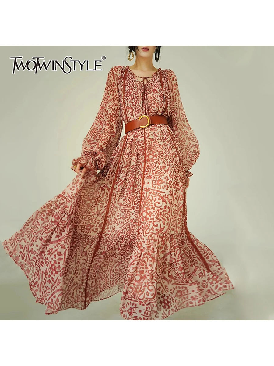 Loose Printing Spliced Belt Casual Dresses