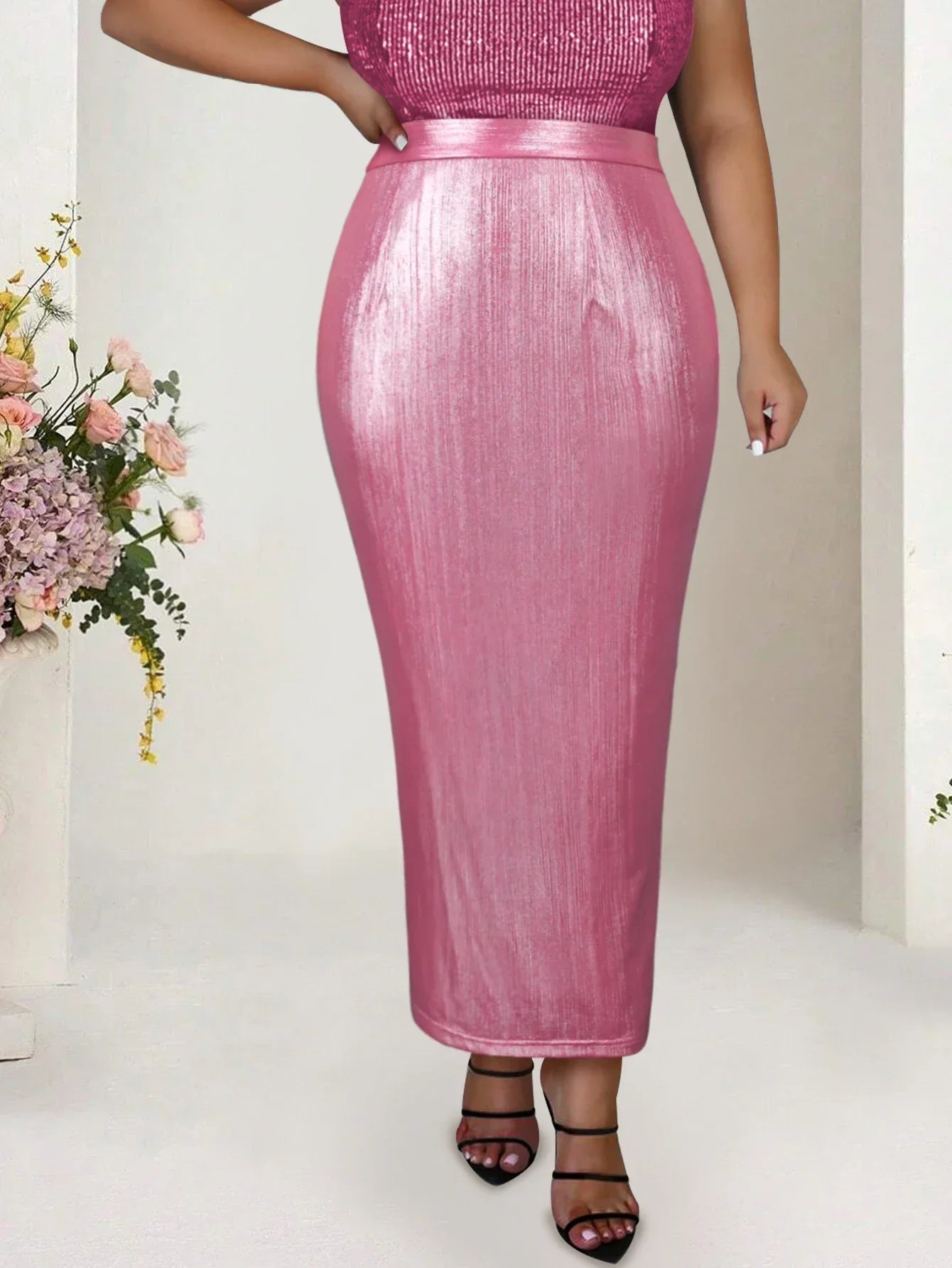 Plus Size Shiny Pink Skirt