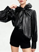 Spliced Bowknot Leather Shirts