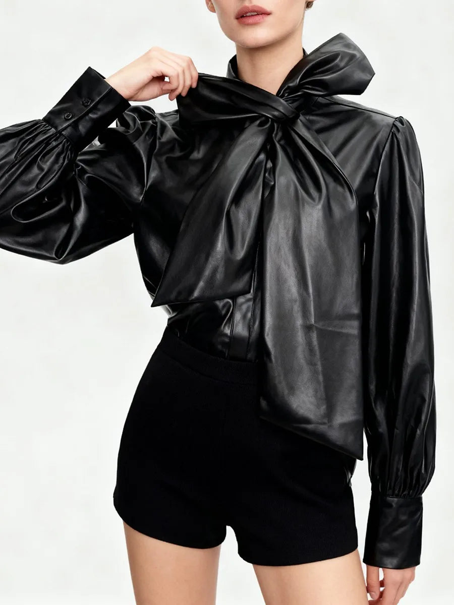 Spliced Bowknot Leather Shirts