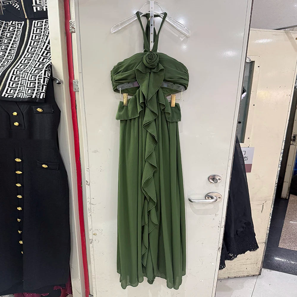 Solid Hollow Out Spliced 3D Flower Dress