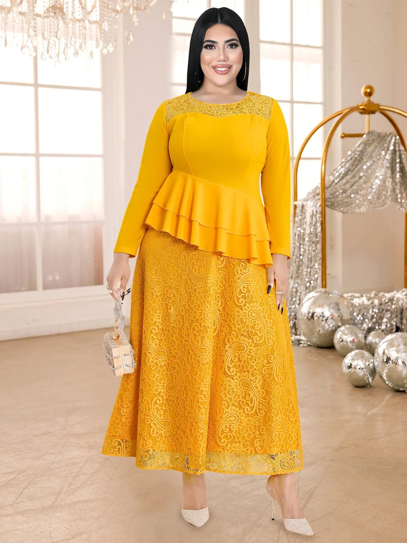 Plus Size Autumn Women's Yellow Lace Dress