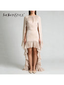 TWOTWINSTYLE Fashion Spliced Ruched Irregular Long Dress for Women Round Neck Sleeveless Tunic Patchwork Cloak Dresses Female