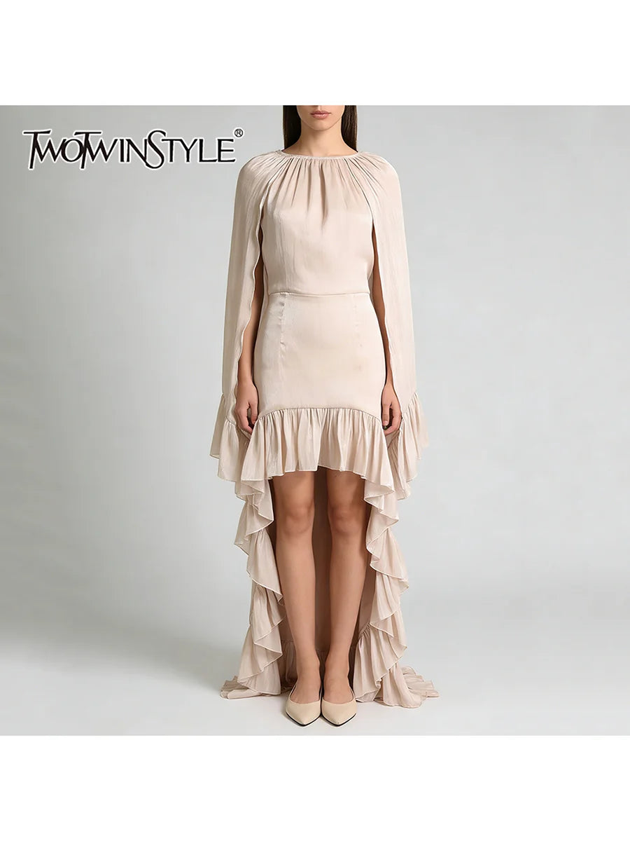 TWOTWINSTYLE Fashion Spliced Ruched Irregular Long Dress for Women Round Neck Sleeveless Tunic Patchwork Cloak Dresses Female