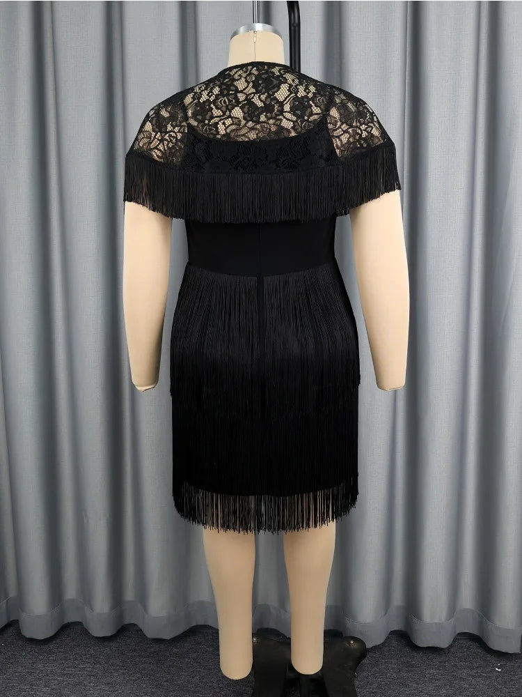 Black Two Piece Set Suspender Tiered Fringed Dress