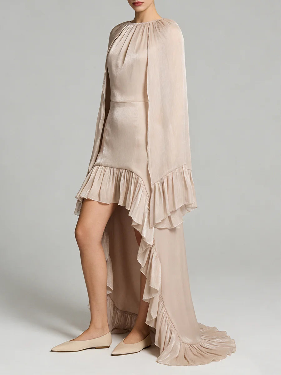 TWOTWINSTYLE Fashion Spliced Ruched Irregular Long Dress for Women Round Neck Sleeveless Tunic Patchwork Cloak Dresses Female