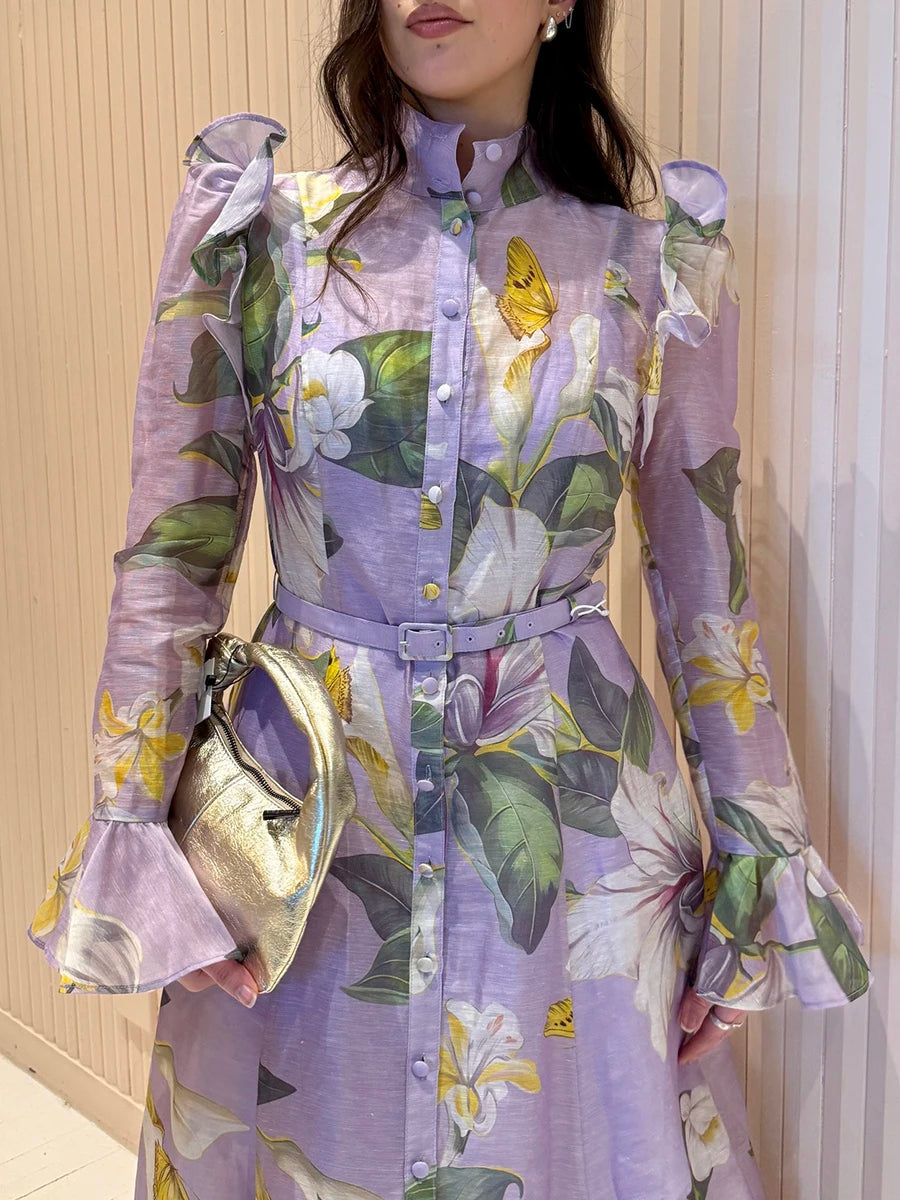 Printed Spliced Ruffles Folds Dresses