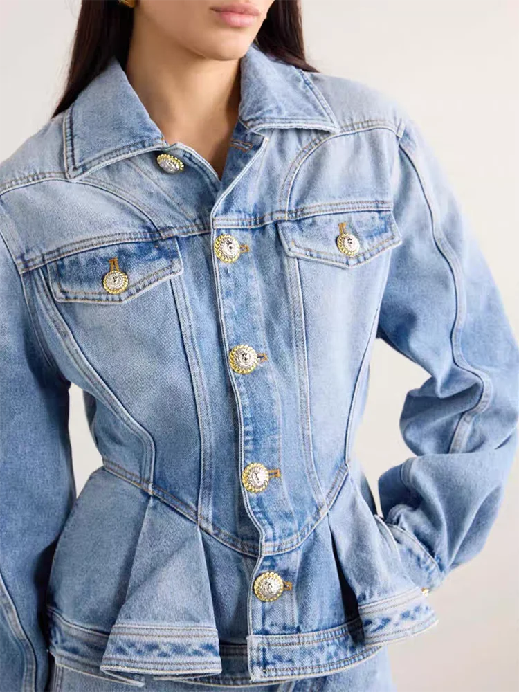 Solid Patchwork Ruffles  Denim Coats