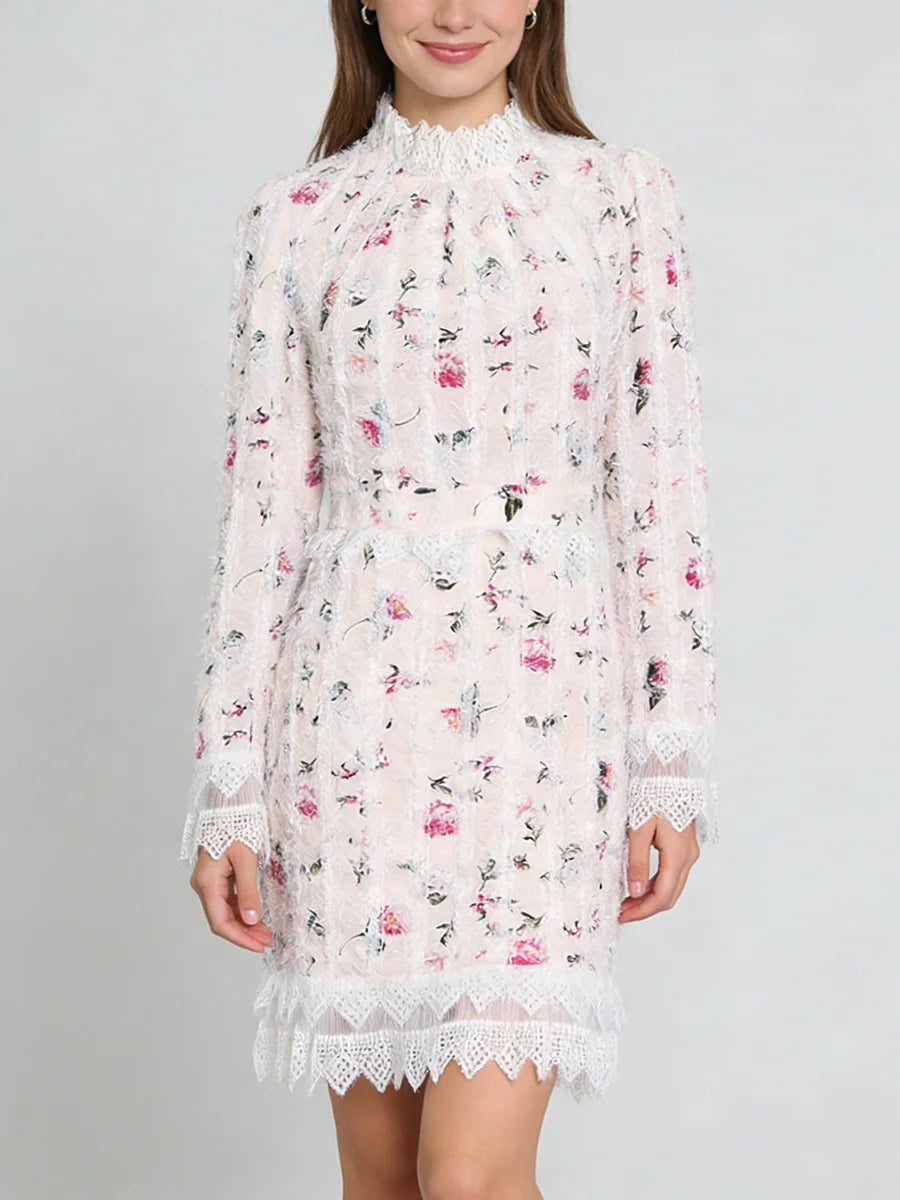 Printing Spliced Lace Slimming Dress