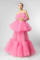 Halter Pink See Through Ruffled Evening Gown
