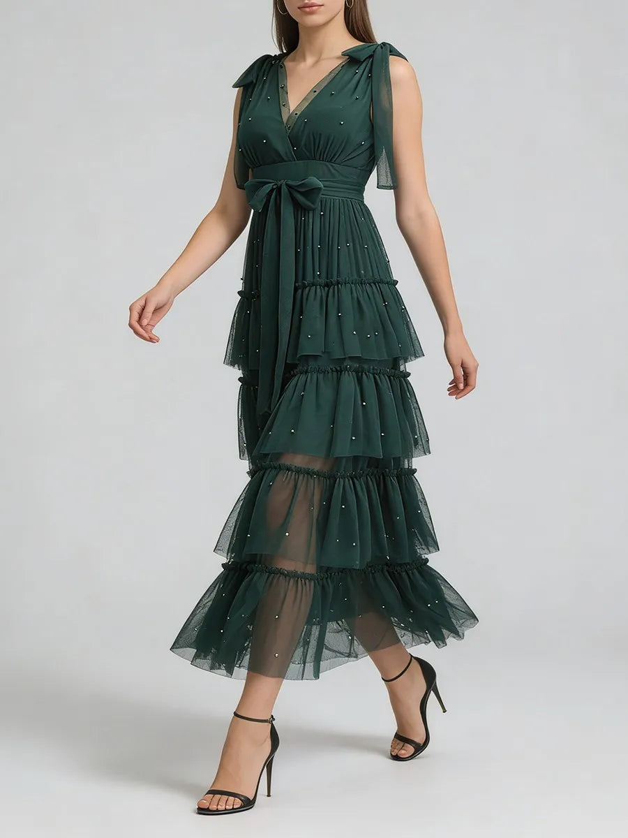 Spliced Ruffles Folds Long Dresses