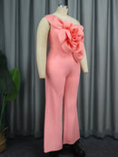 Plus Size Flower Appliqués One Shoulder  Jumpsuits